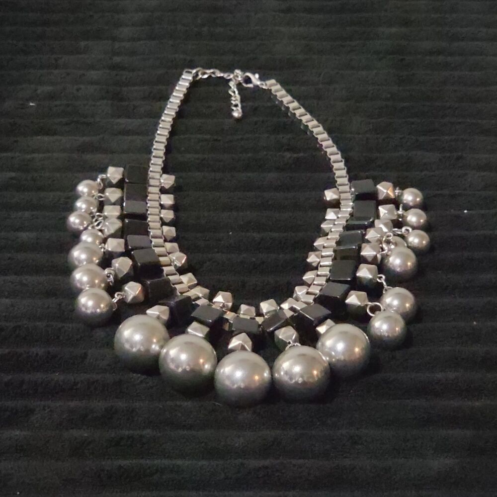 Chunky Silver Bib Statement Necklace Black Cube Cascading Collar Choker Punk Mod